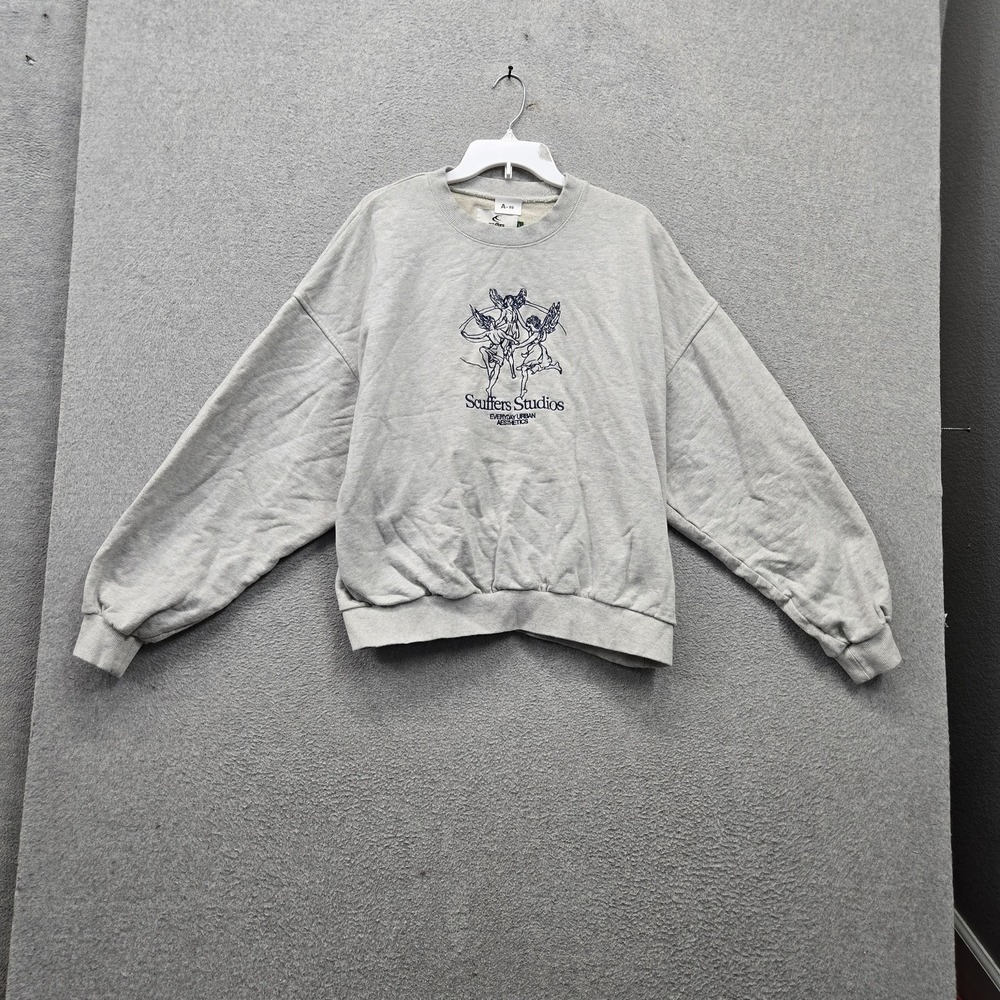 Scuffers Women Sweatshirt L Gray Embroidered Graphic Fleece Angels Oversized